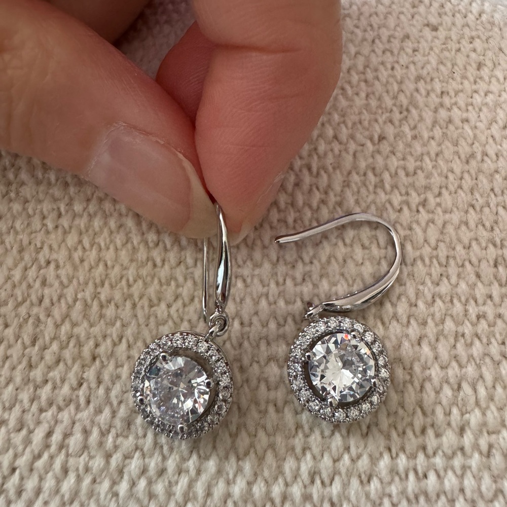Elegant sterling silver plated Halo Drop Earrings with Sparkling Crystal Accent